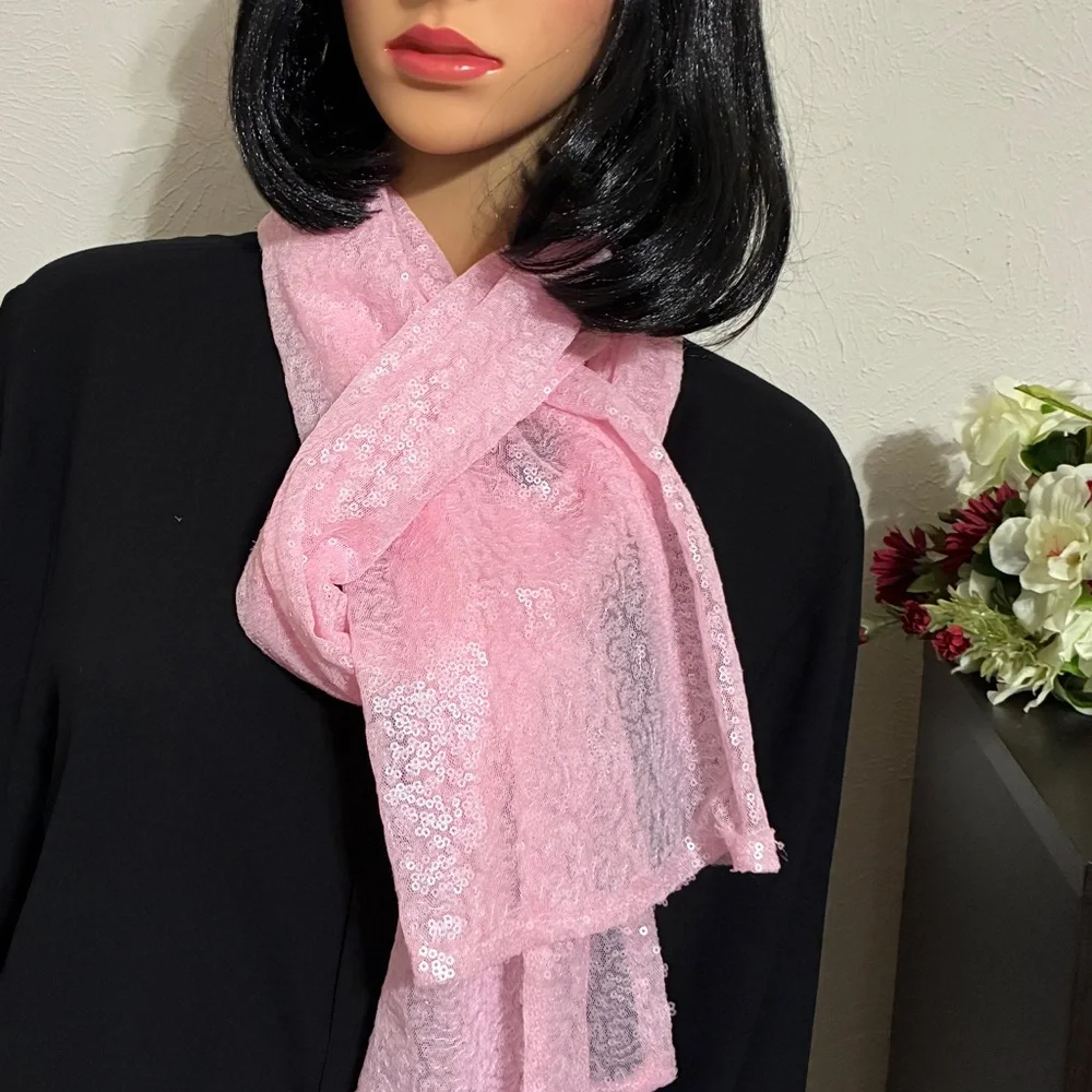 Shimmery Pink Sequin Tulle Scarf – 13x72 Light & Airy Cotton Candy Wrap